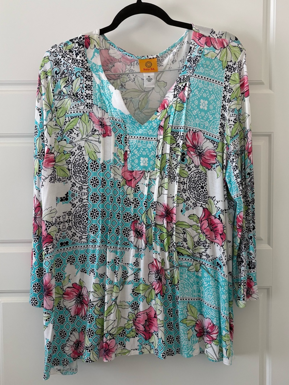 Ruby Rd. Turquoise & Pink Floral Patchwork V-Neck Long Sleeve Top